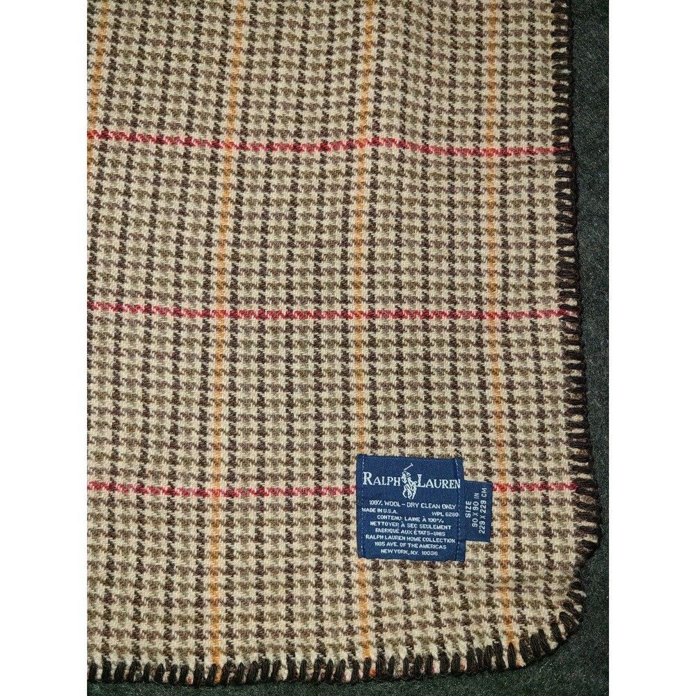 Vtg Ralph Lauren tan brown red houndstooth Full / Queen wool blanket, 90"x90"  B